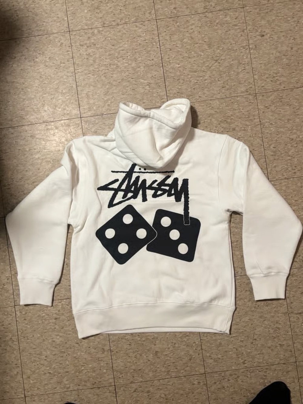 Stussy White Hoodie with Black Dice Graphic